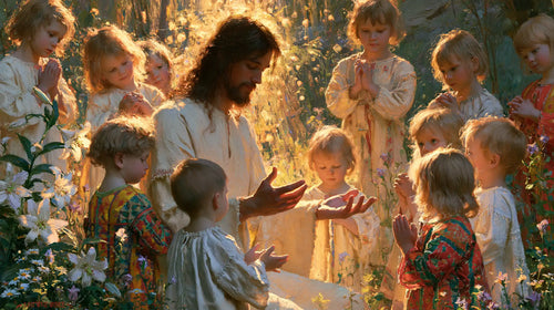 Jesus and the children in a symbolist composition in Symbolist style, landscape Christian artwork no. 3