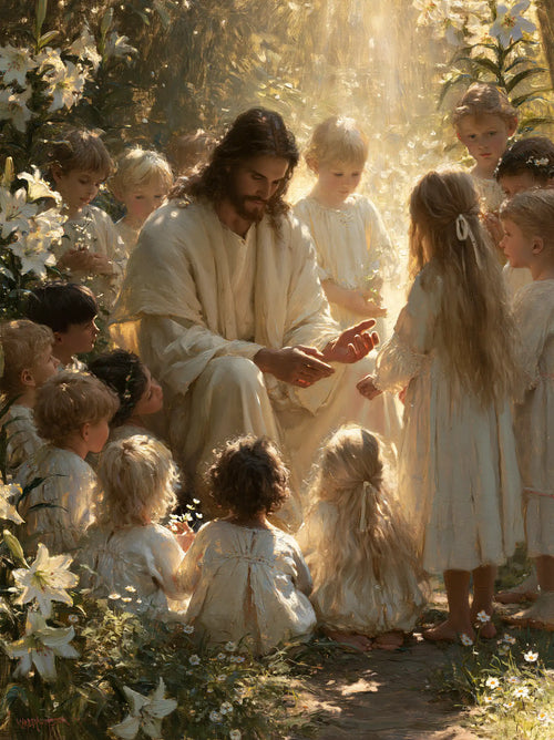 Jesus and the children in a symbolist composition in Symbolist style, portrait Christian artwork no. 14