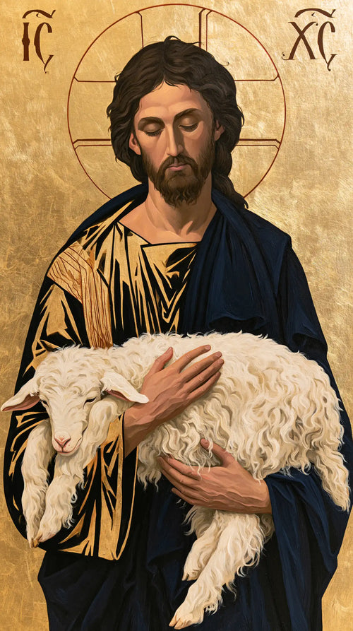 Jesus and the lamb in a contemporary Byzantine icon in Contemporary Byzantine style, portrait Christian artwork no. 5