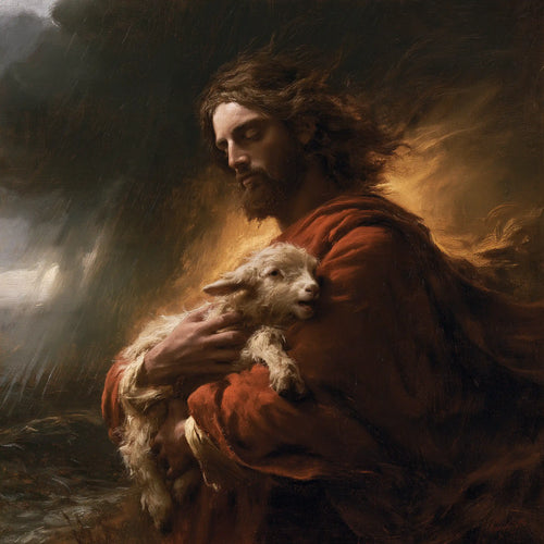 Jesus protecting a lamb in Jesus Protecting the Lamb style, square Christian artwork no. 4