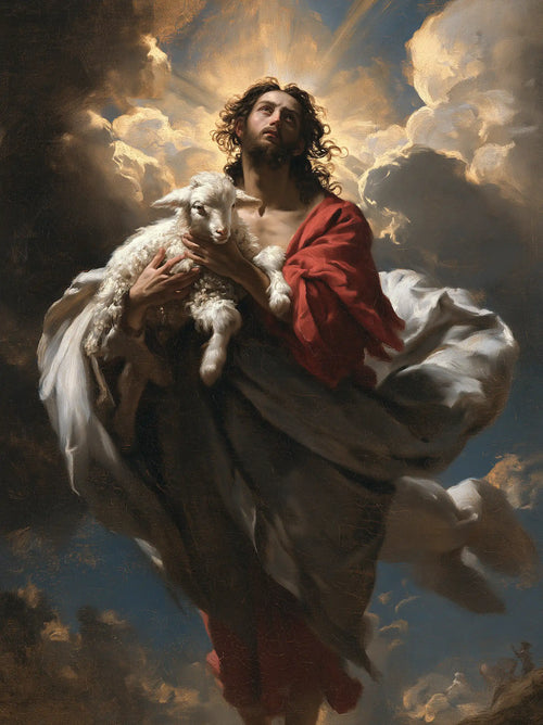 Jesus protecting a lamb in a theatrical Baroque scene in Theatrical Baroque style, portrait Christian artwork no. 9