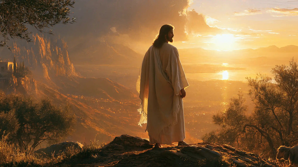 Jesus walking along a hillside at sunset in Sacred Silence style, landscape Christian artwork no. 8