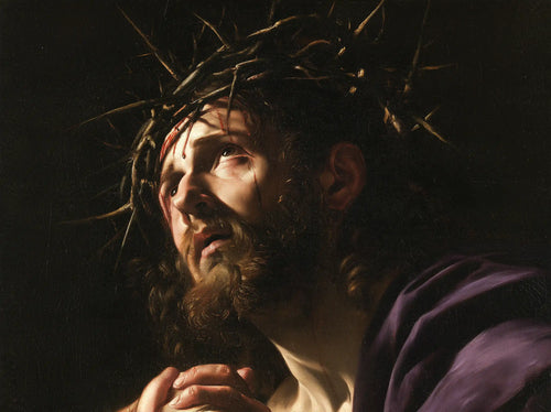 Jesus crowned with thorns in dramatic chiaroscuro in Caravaggio Tenebrism style, landscape Christian artwork no. 1