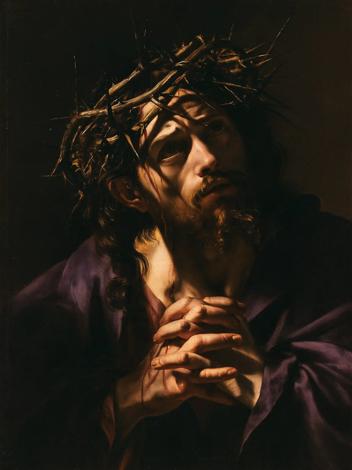 Jésus couronné d’épines — Les Doigts réunis sous le visage incliné