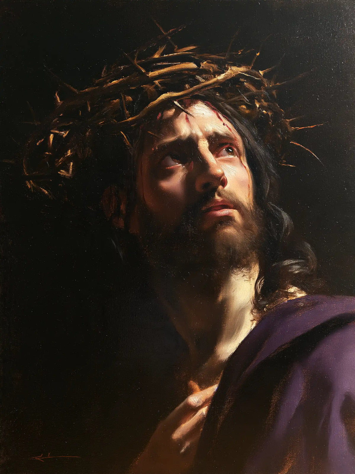 Jésus couronné d’épines — Le Cou éclairé dans l’ombre pourpre