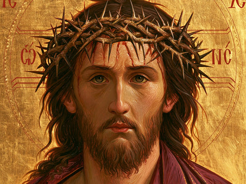 Jesus crowned with thorns in a contemporary Byzantine icon in Contemporary Byzantine style, landscape Christian artwork no. 8