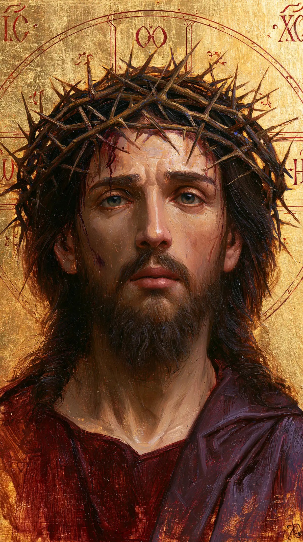 Jésus couronné d’épines — La Tunique rouge sous le regard droit