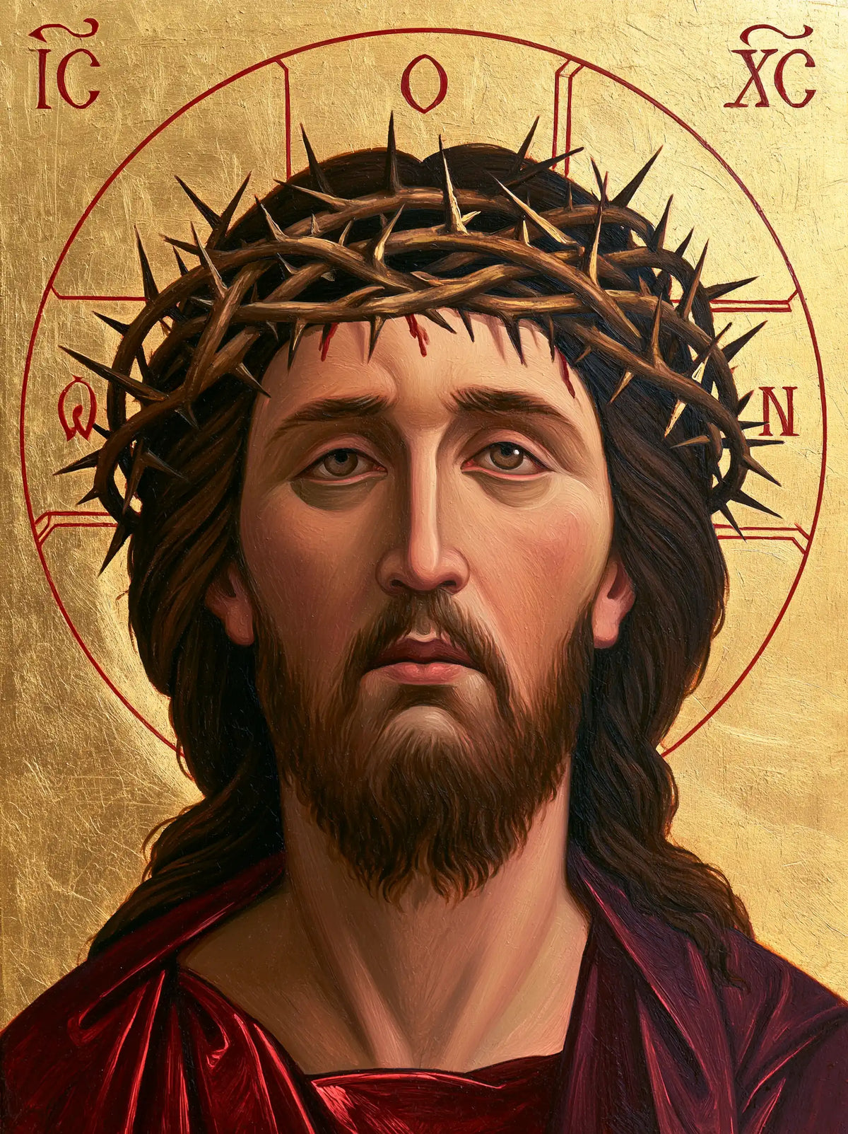 Jésus couronné d’épines — Le Cou clair dans la tunique grenat
