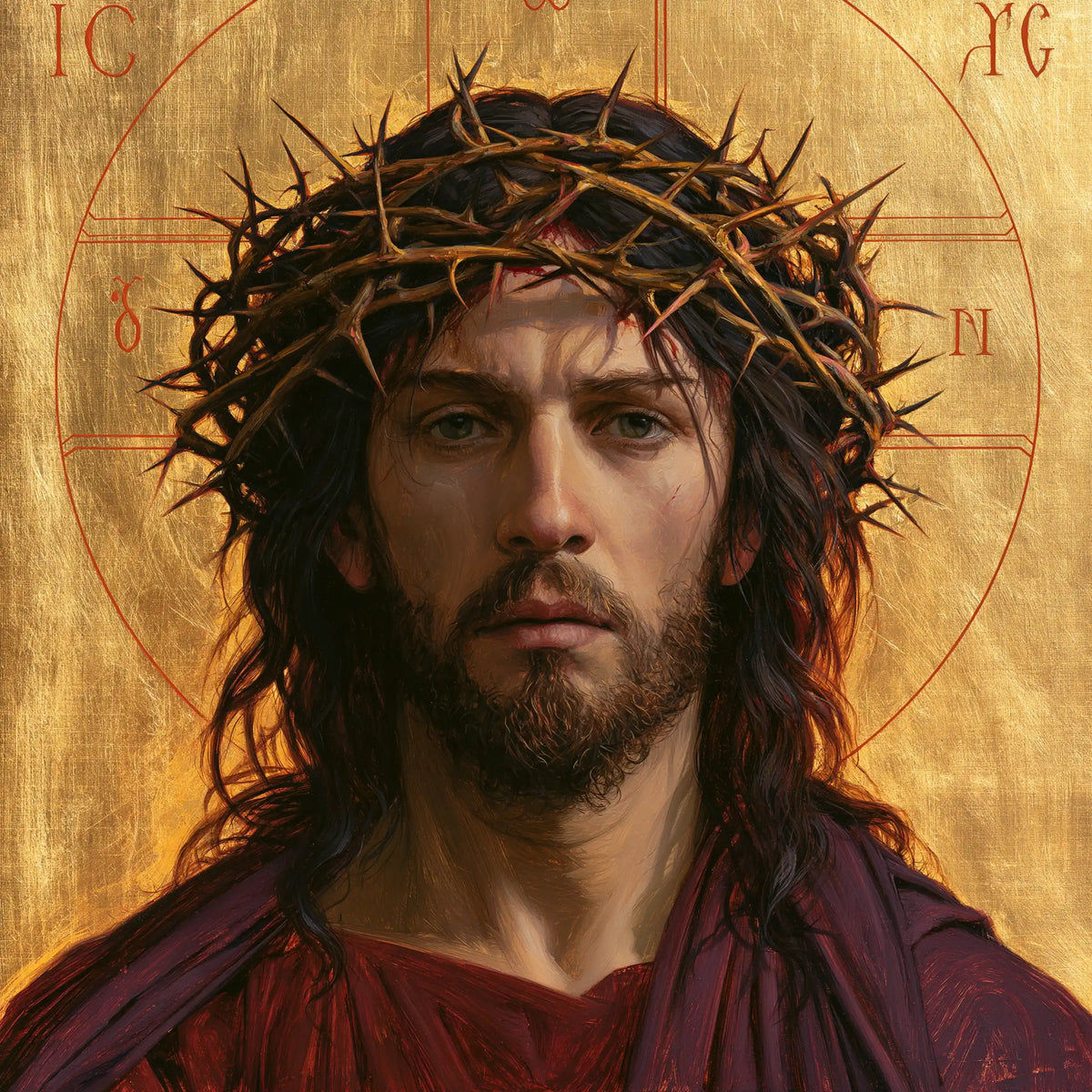 Jésus couronné d’épines — Le Visage entre les deux pans pourpres