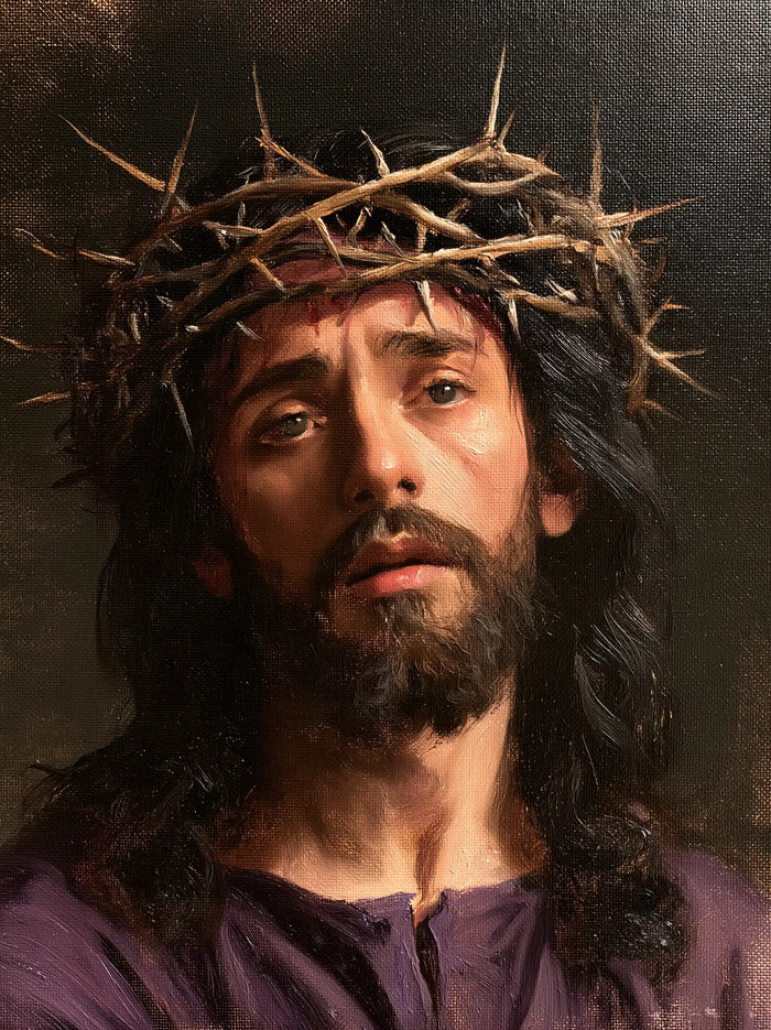 Jésus couronné d’épines — La Douleur douce du regard frontal