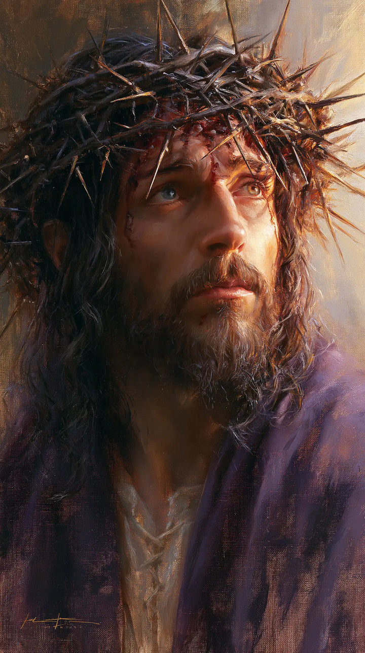 Jésus couronné d’épines — Le Regard paisible dans les tons mauves