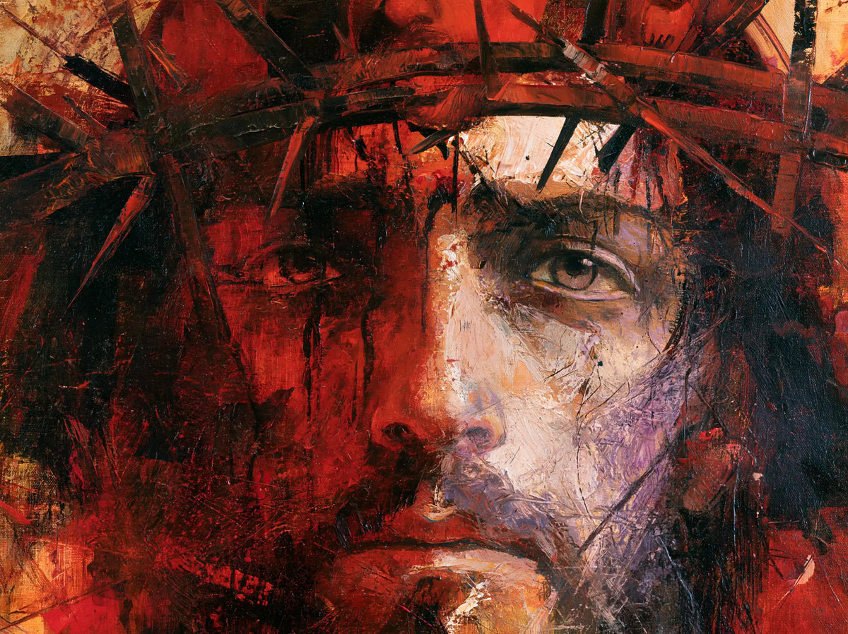 Jésus couronné d’épines — Le Visage sous la pluie carmin