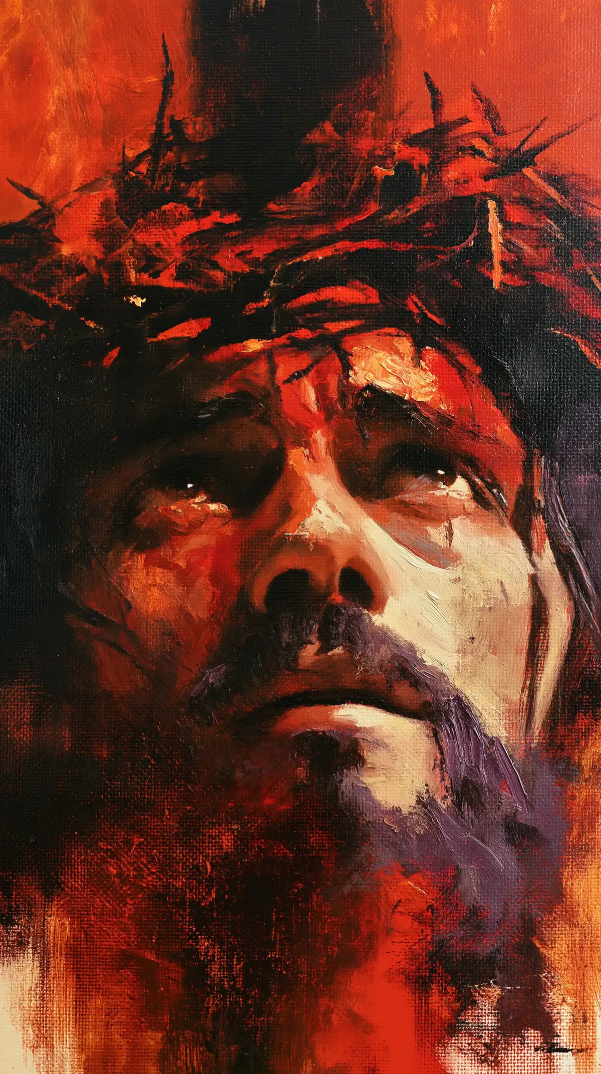 Jésus couronné d’épines — La Supplication au fond rouge vif
