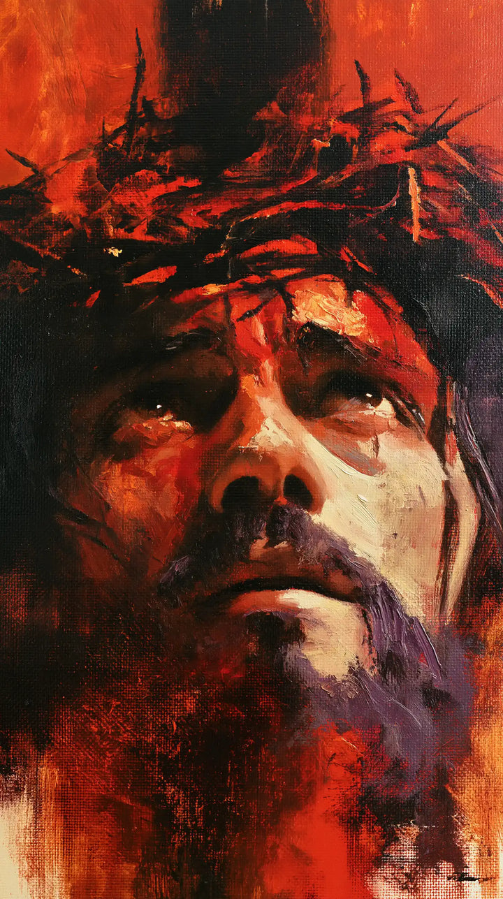 Jésus couronné d’épines — La Supplication au fond rouge vif