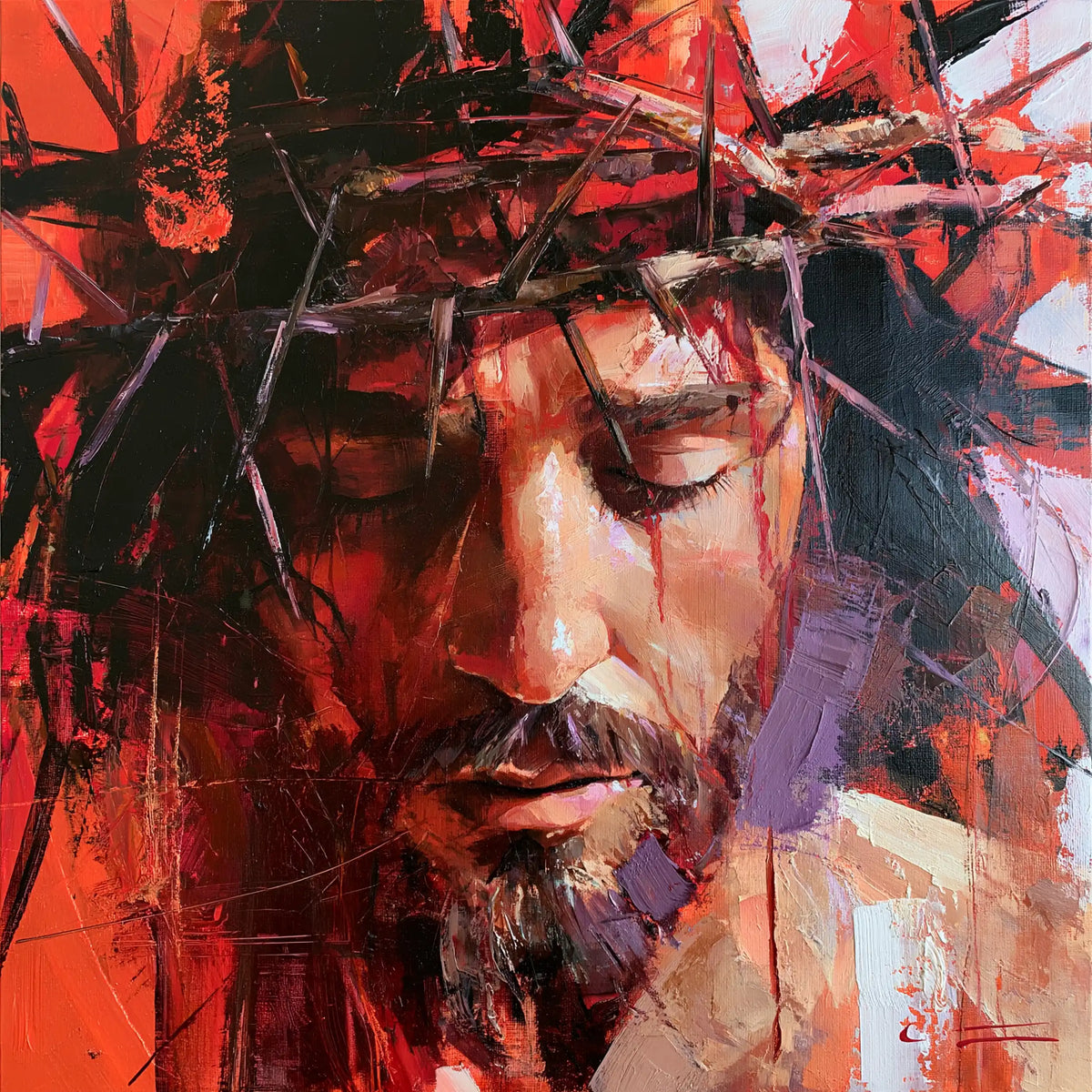 Jésus couronné d’épines — Les Paupières closes dans le rouge vibrant