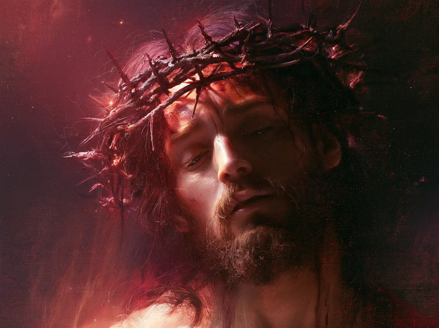 Jésus couronné d’épines — Les Yeux clos dans la brume carmin