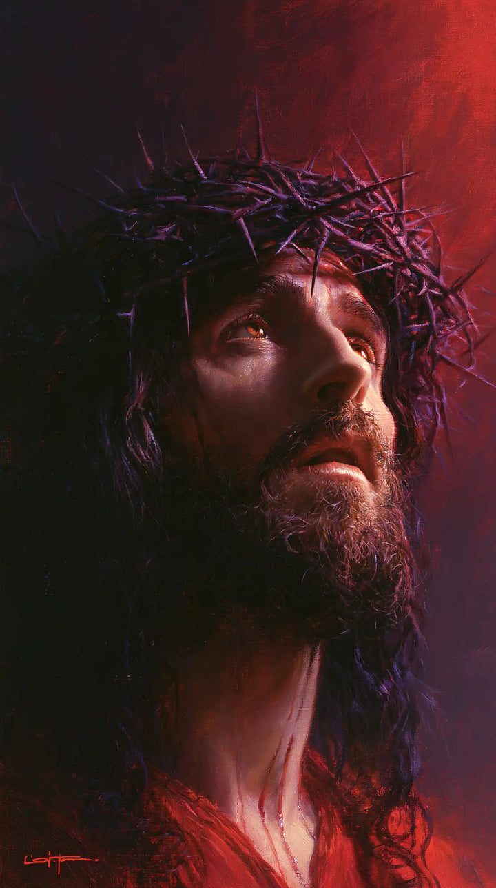 Jésus couronné d’épines — Le Profil levé dans le rouge lointain