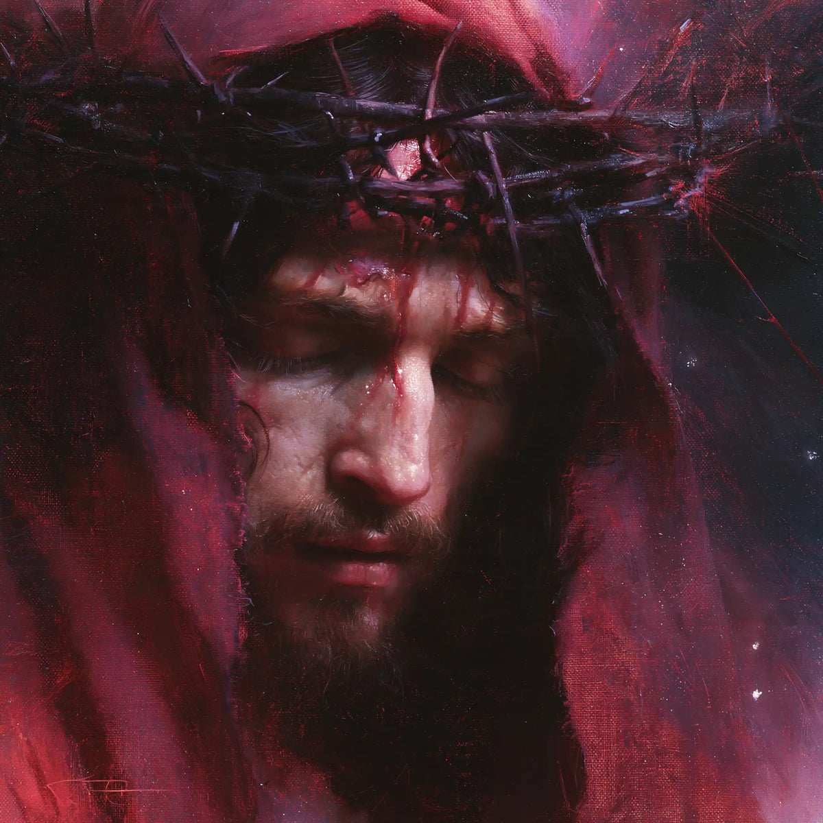 Jésus couronné d’épines — Le Recueillement sous le capuchon grenat