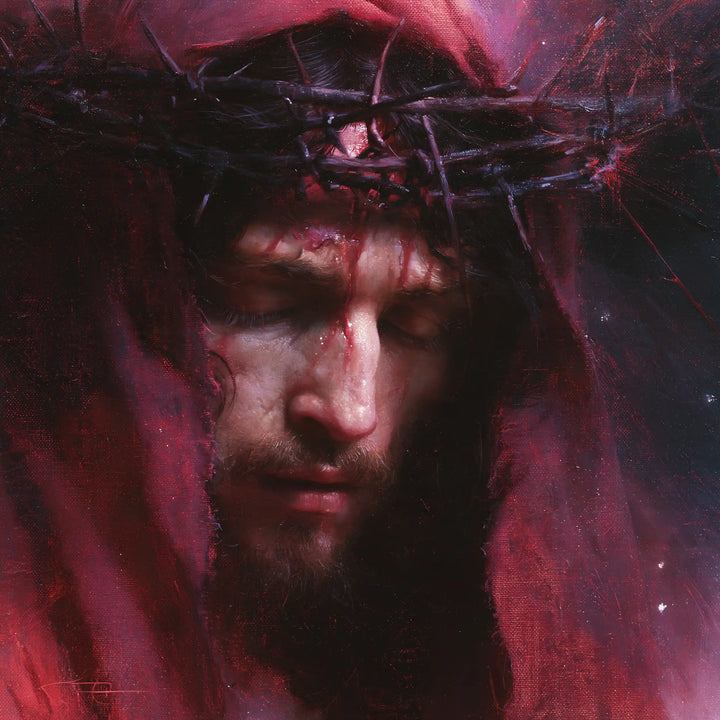 Jésus couronné d’épines — Le Recueillement sous le capuchon grenat
