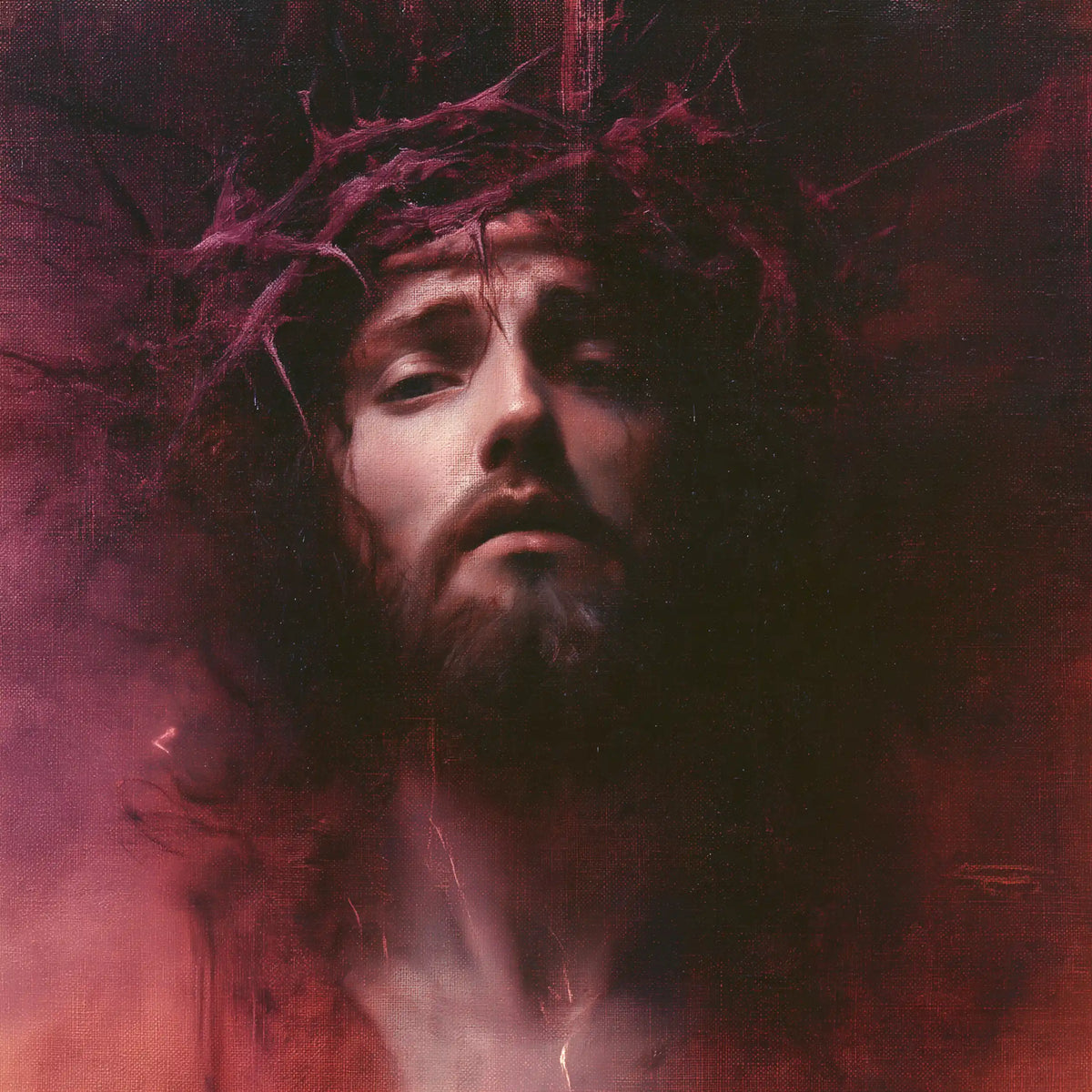 Jésus couronné d’épines — Le Visage émergeant du brouillard rose