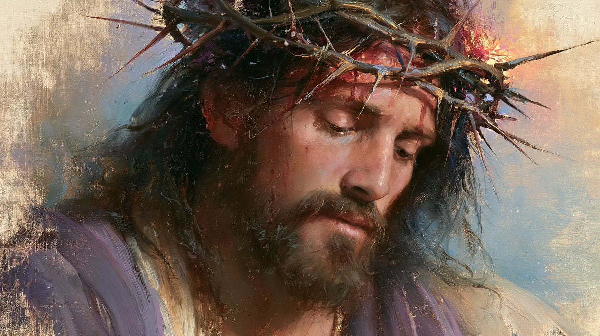 Jésus couronné d’épines — La Tête penchée dans le ciel pastel
