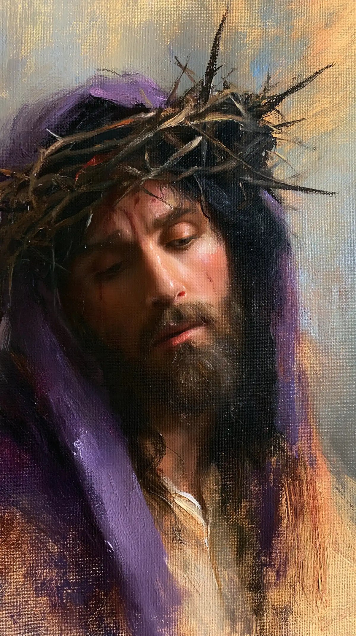 Jésus couronné d’épines — La Tête inclinée sous le manteau lilas