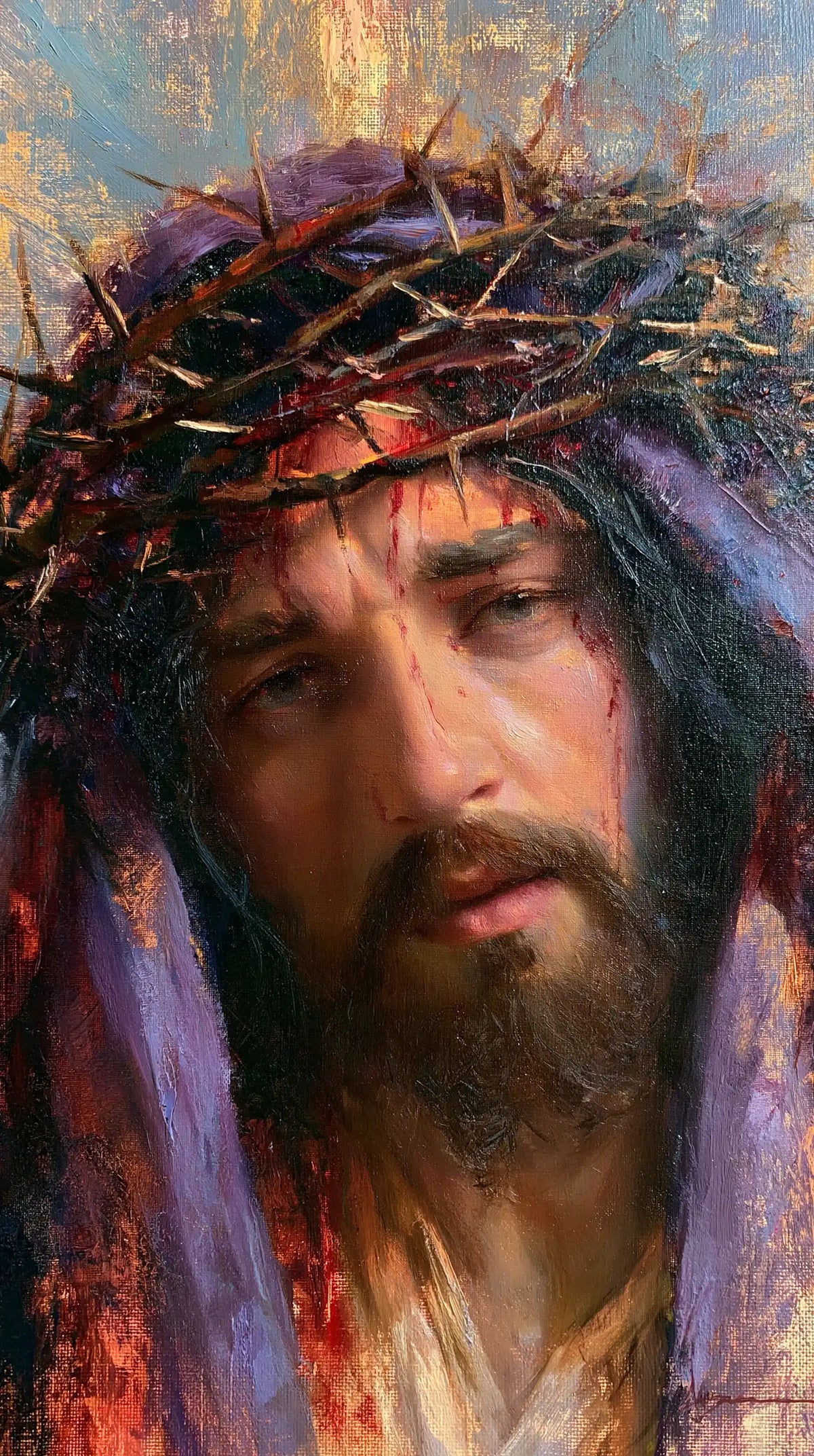 Jésus couronné d’épines — Les Yeux proches entre les voiles mauves