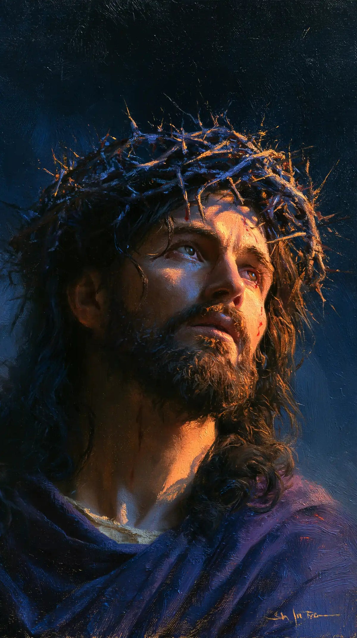 Jésus couronné d’épines — Le Regard de côté dans l’indigo