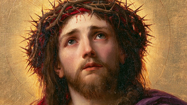 Jésus couronné d’épines — Les Yeux humides au-dessus de la pourpre