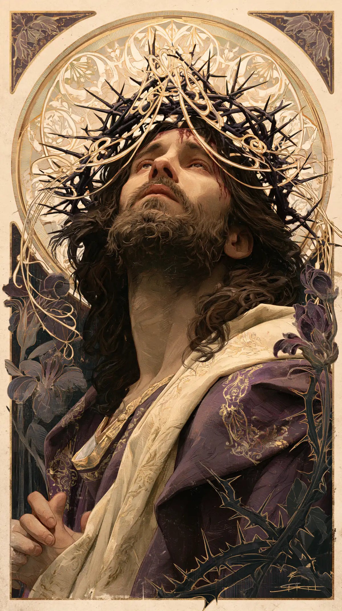 Jésus couronné d’épines — Les Mains jointes sous l’ornement pâle