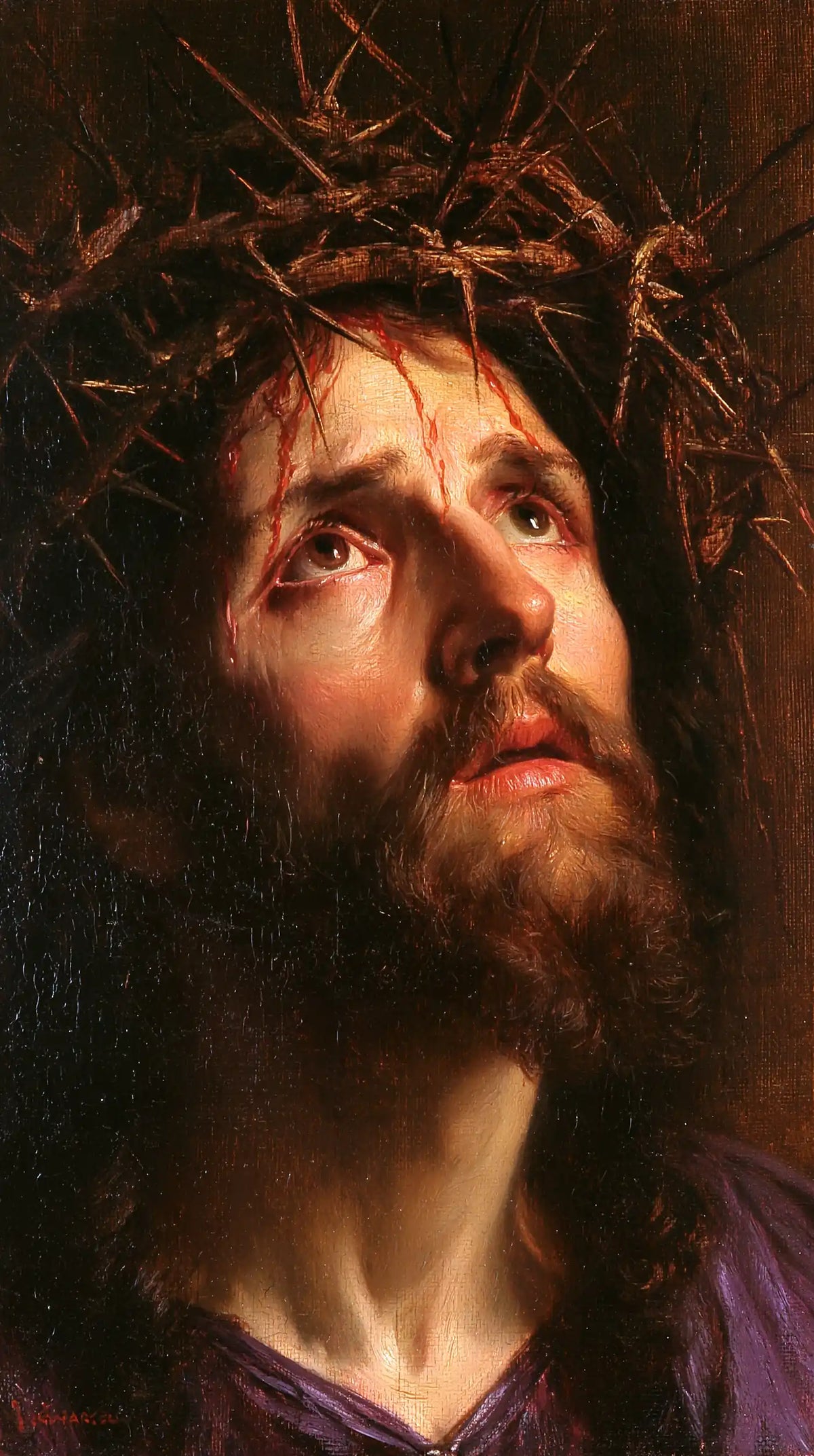 Jésus couronné d’épines — La Prière des yeux dans le brun chaud