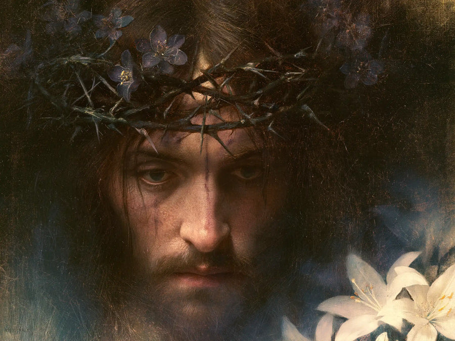Jésus couronné d’épines — Le Regard près de la grande fleur blanche