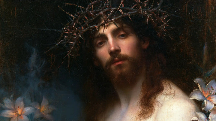 Jésus couronné d’épines — Le Regard entre les fleurs pâles