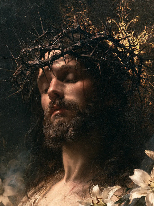 Jesus crowned with thorns in a symbolist composition in Symbolist style, portrait Christian artwork no. 10