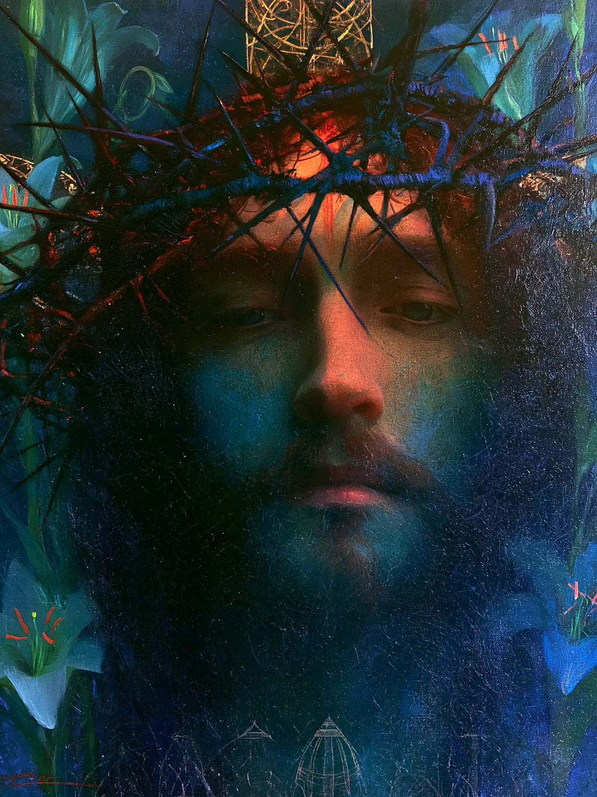 Jésus couronné d’épines — Le Visage dans le vitrail de nuit