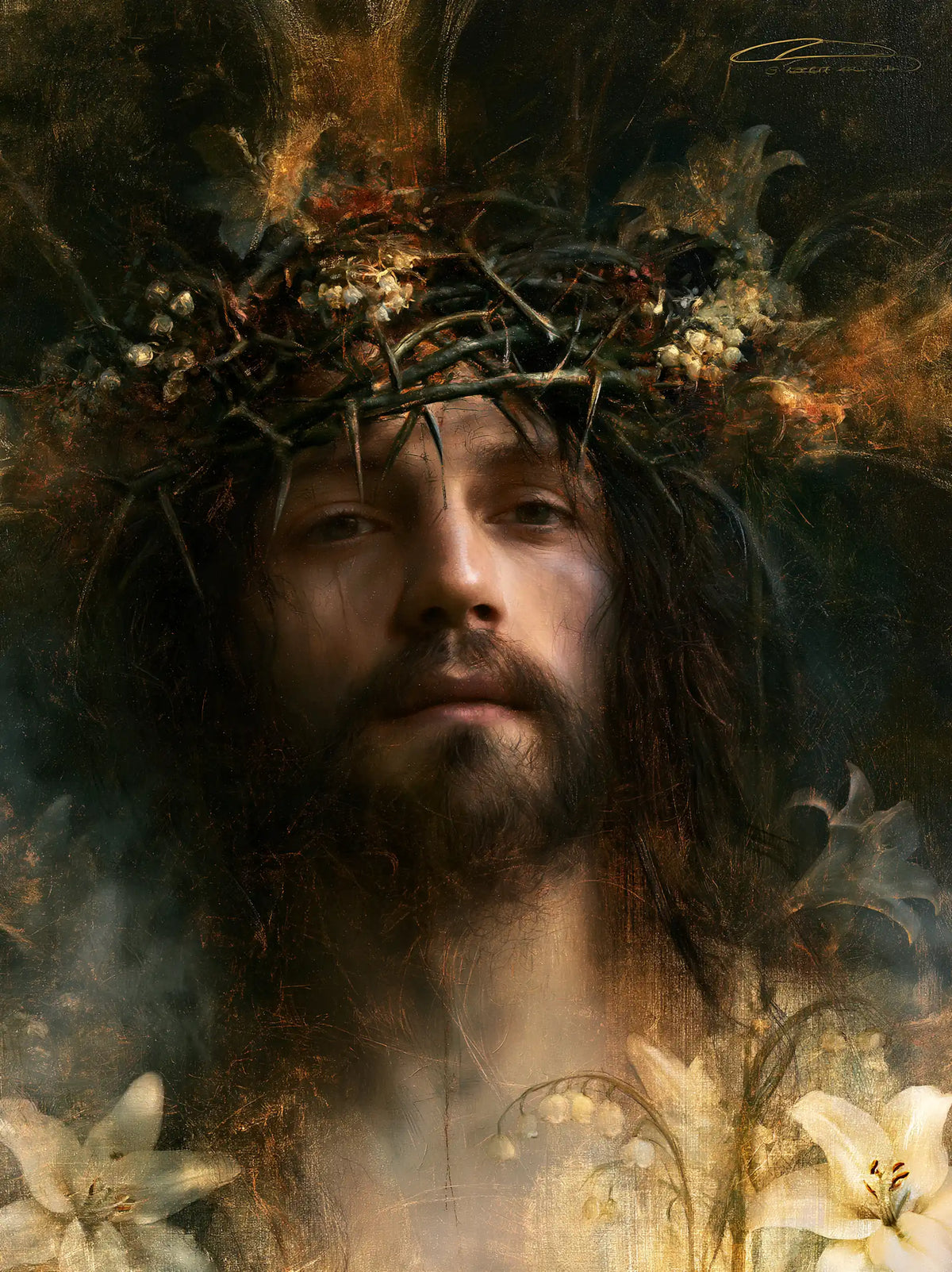 Jésus couronné d’épines — Le Médaillon dans les fleurs claires