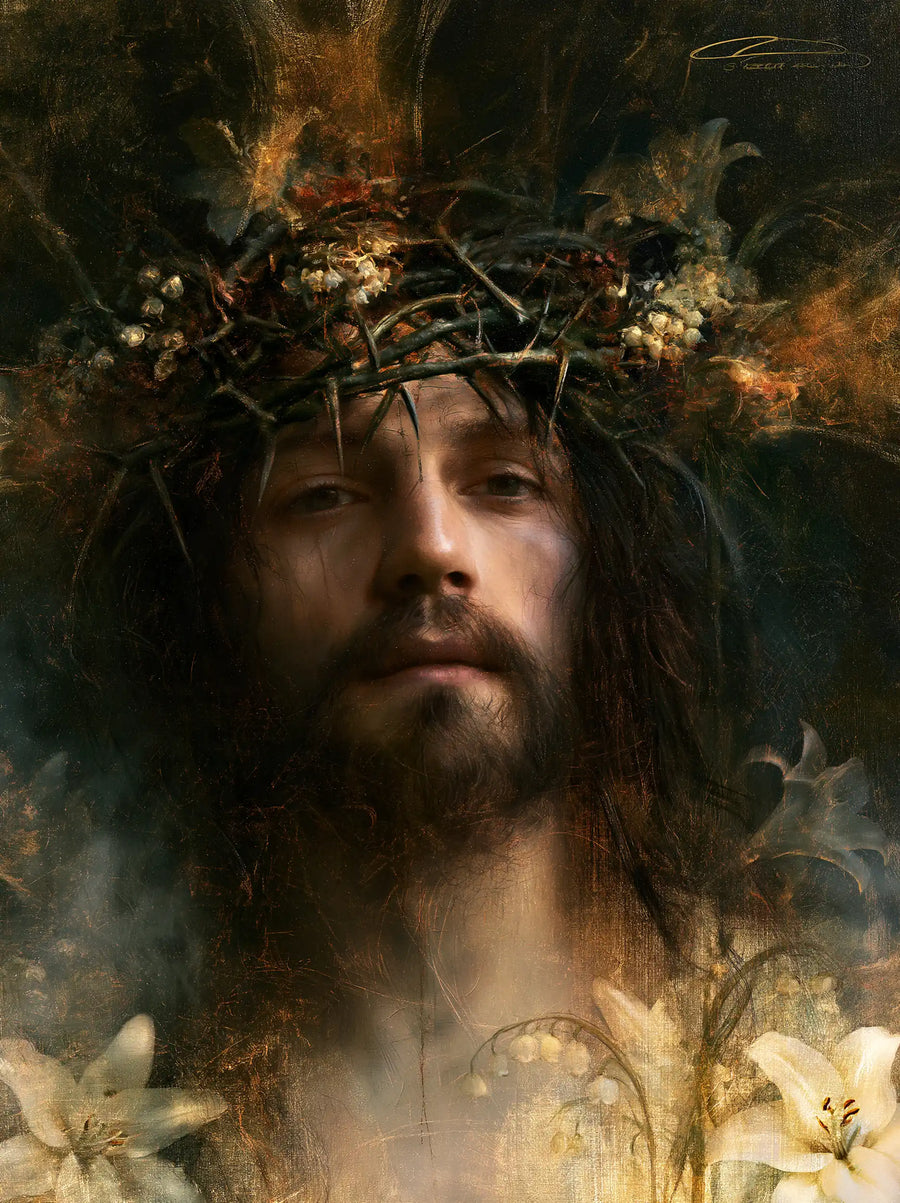 Jésus couronné d’épines — Le Médaillon dans les fleurs claires