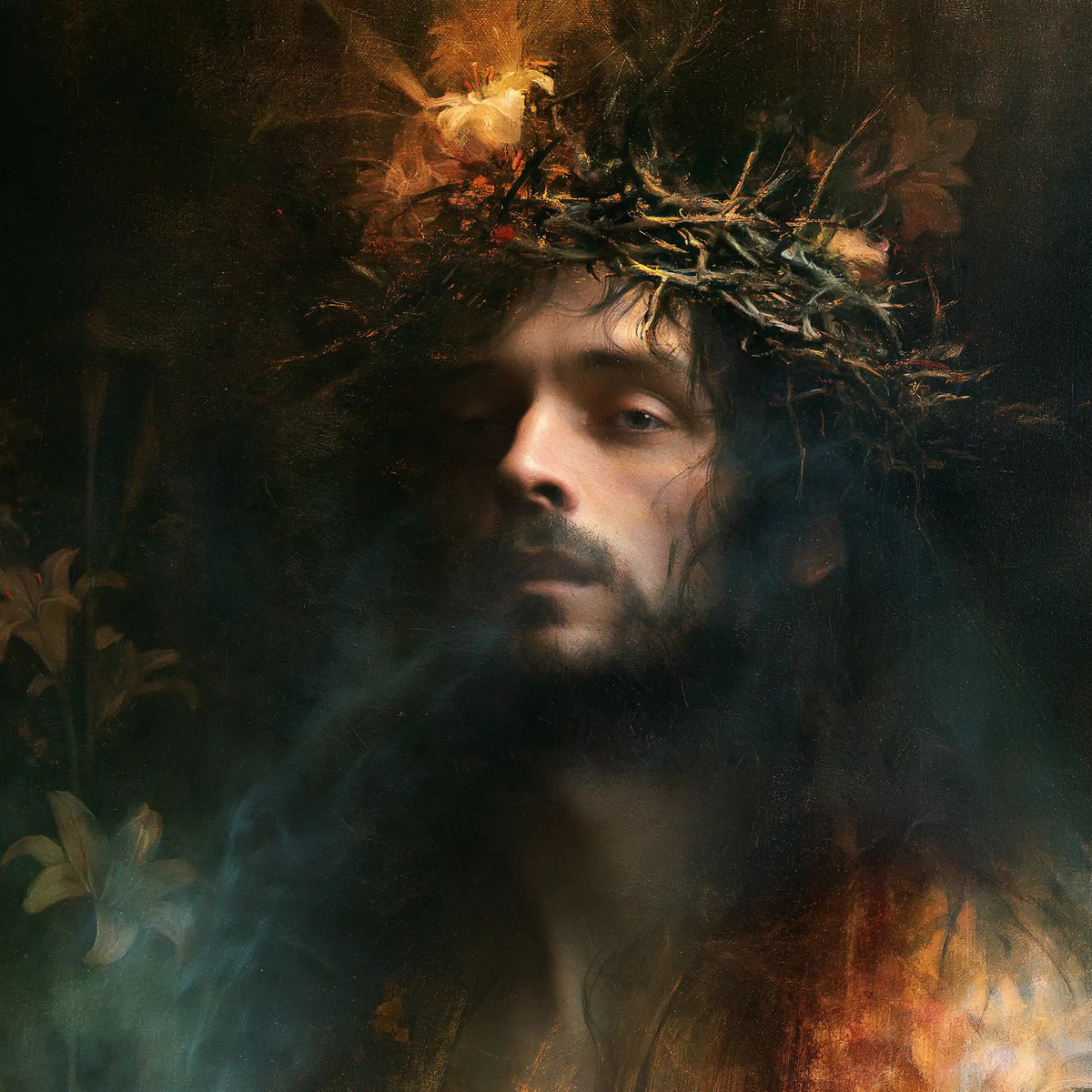 Jésus couronné d’épines — Le Visage entre brume et flammèche