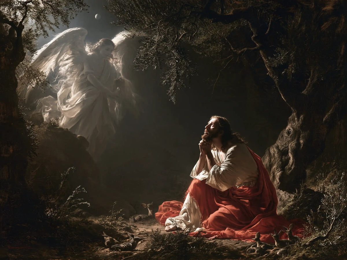 Jésus à Gethsémani — Le Messager au-dessus du manteau rouge