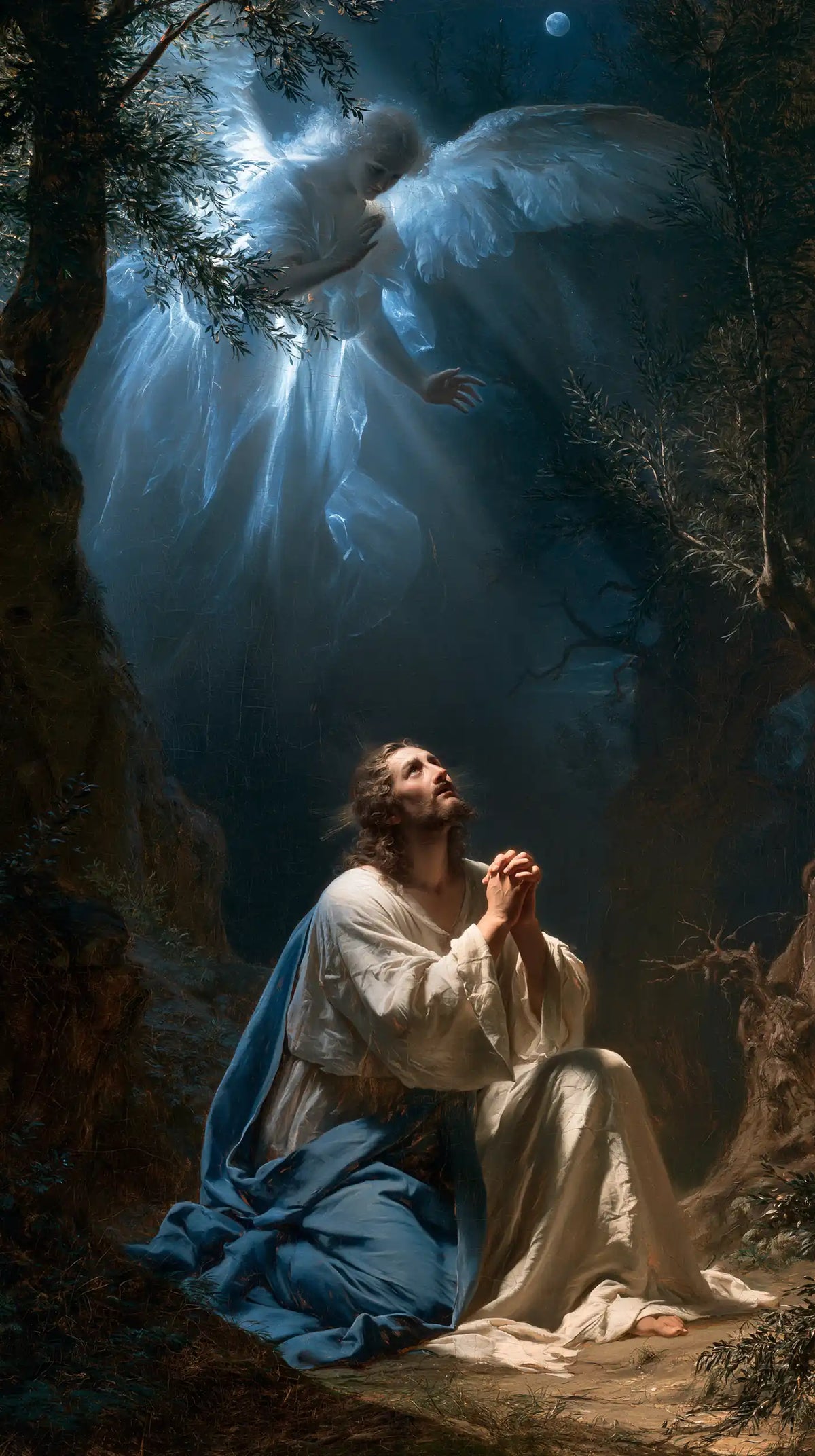 Jésus à Gethsémani — La Consolation en bleu et blanc