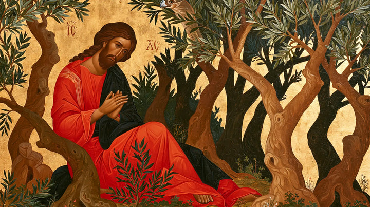Jésus à Gethsémani — Le Rouge au milieu des troncs d’ocre