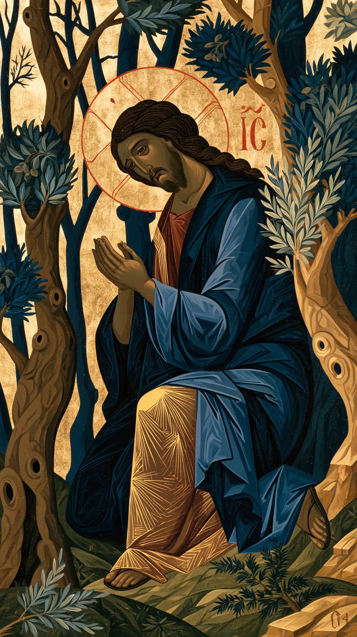 Jésus à Gethsémani — Le Genou d’or sous le manteau bleu