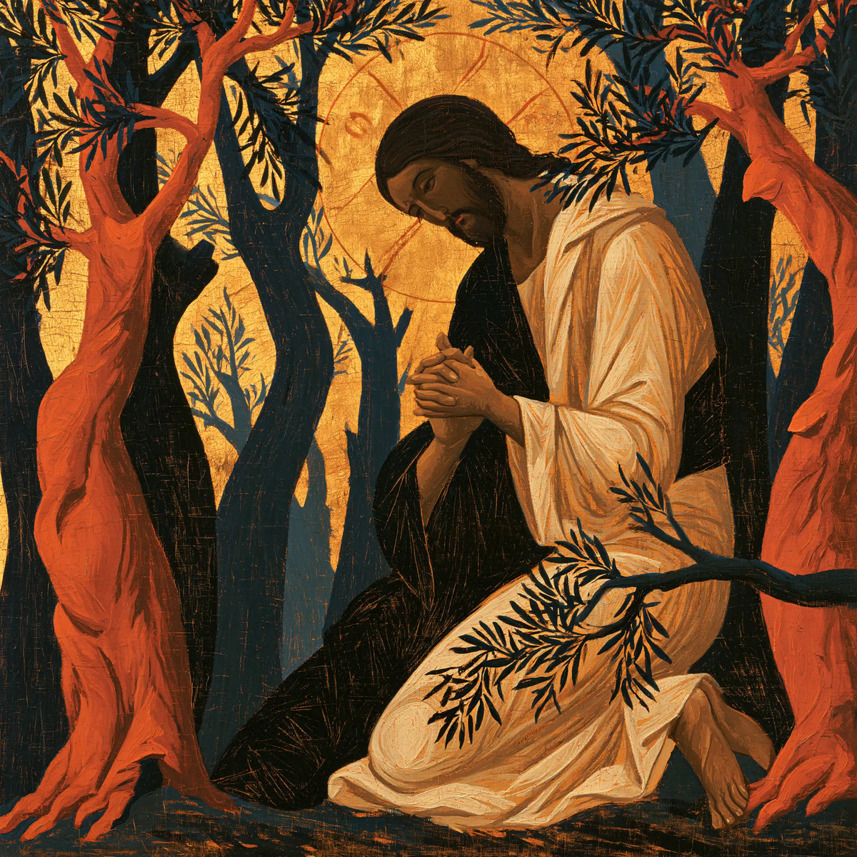Jésus à Gethsémani — La Prière d’ivoire entre les arbres rouges