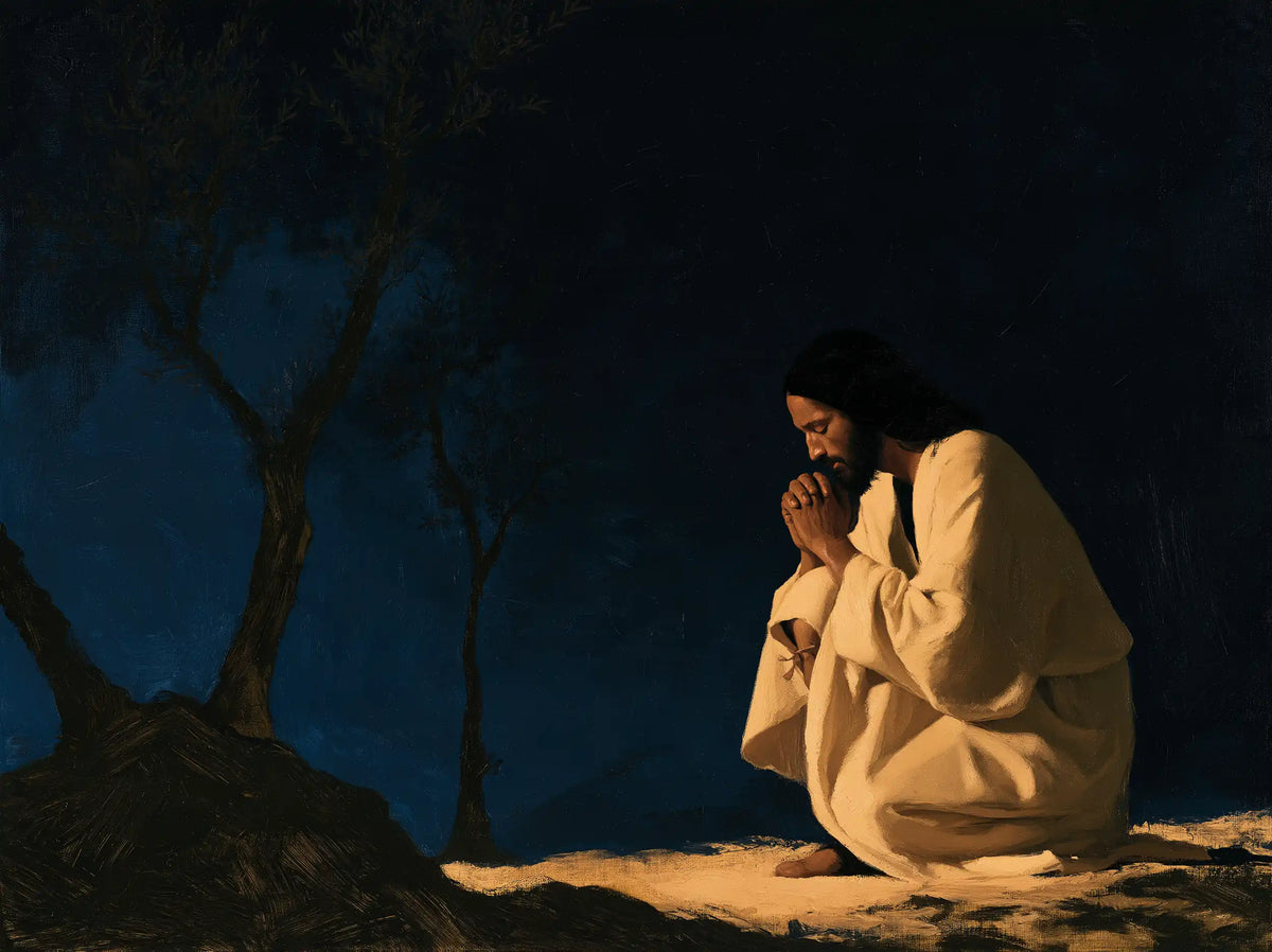 Jésus à Gethsémani — Une Flamme d’ivoire dans le bleu
