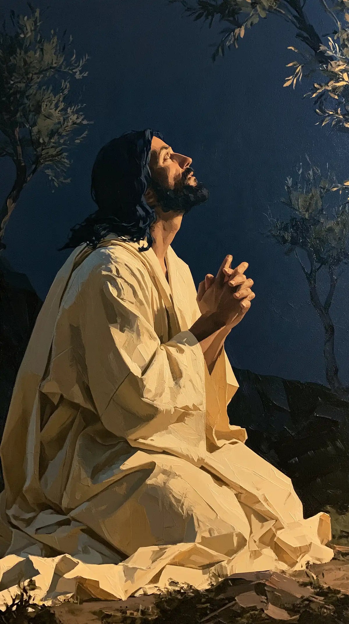 Jésus à Gethsémani — L’Espérance au-dessus des plis brisés