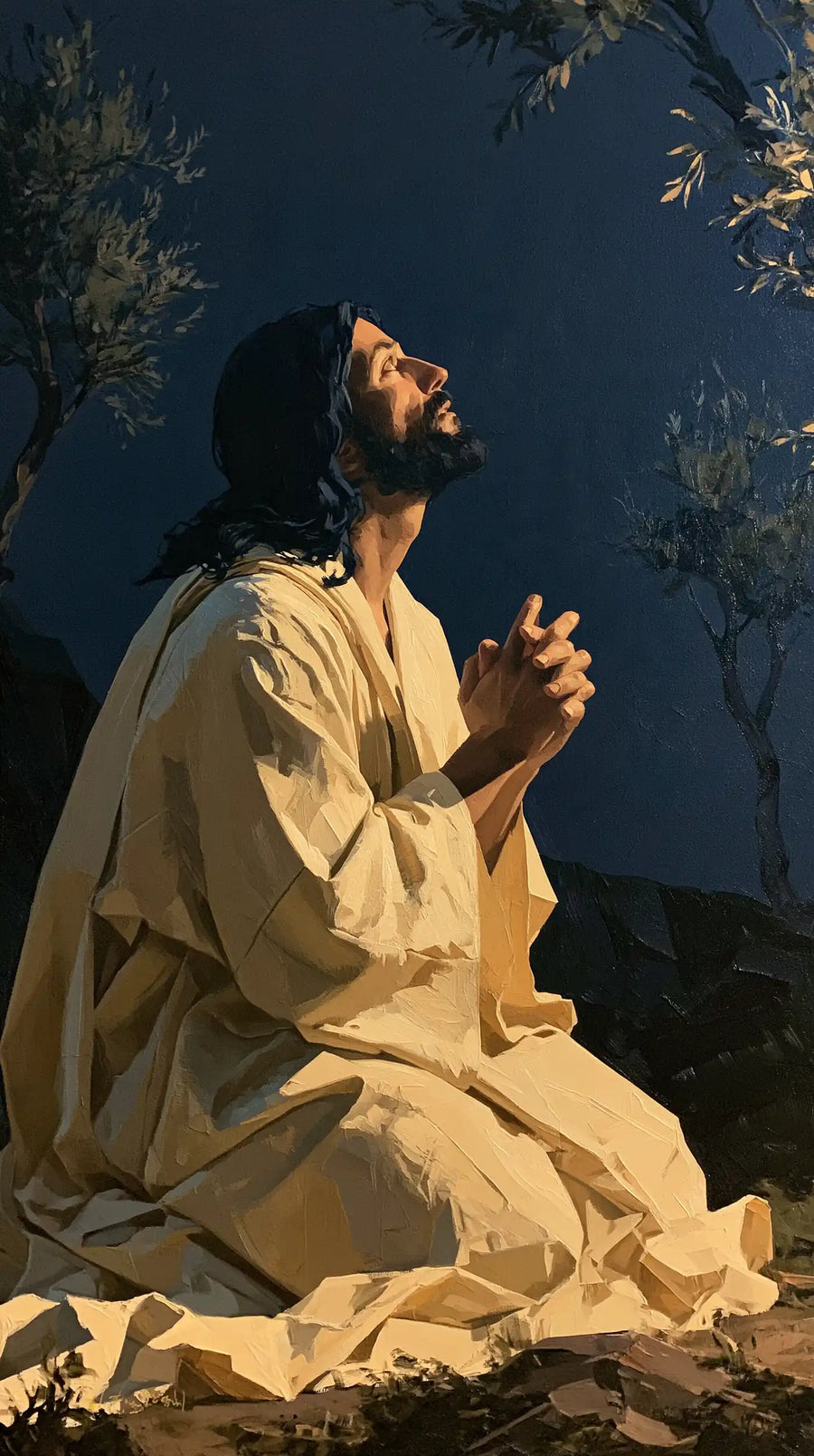 Jésus à Gethsémani — L’Espérance au-dessus des plis brisés