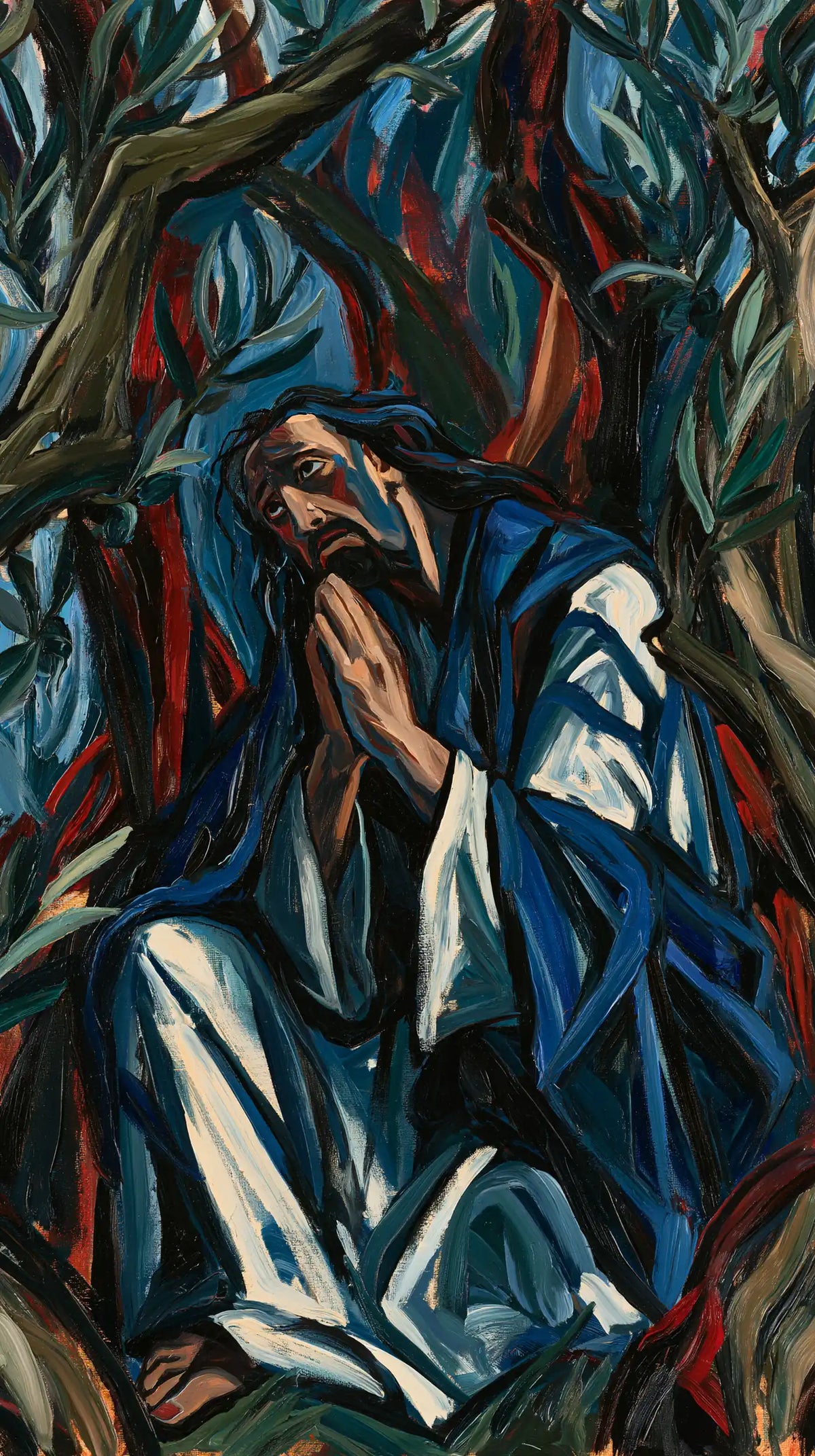 Jésus à Gethsémani — Les Plis d’argent sous les branches rouges