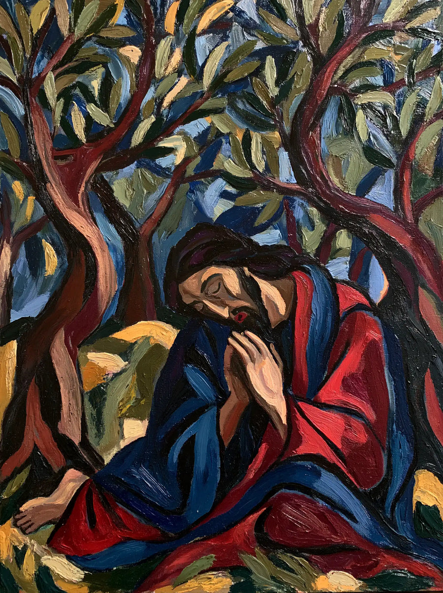 Jésus à Gethsémani — Le Recueillement en rouge et cobalt