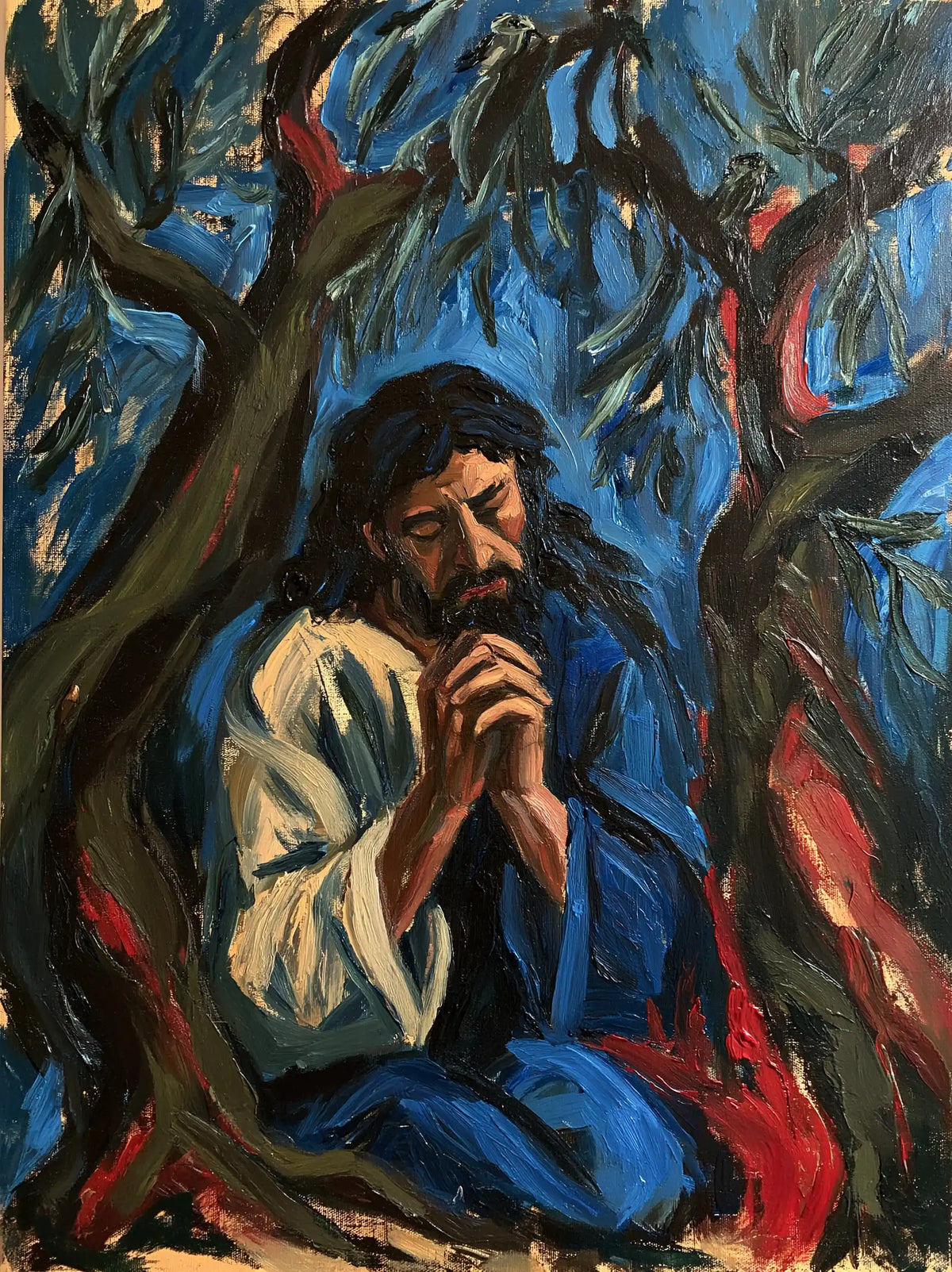 Jésus à Gethsémani — La Manche blanche dans le vent des arbres