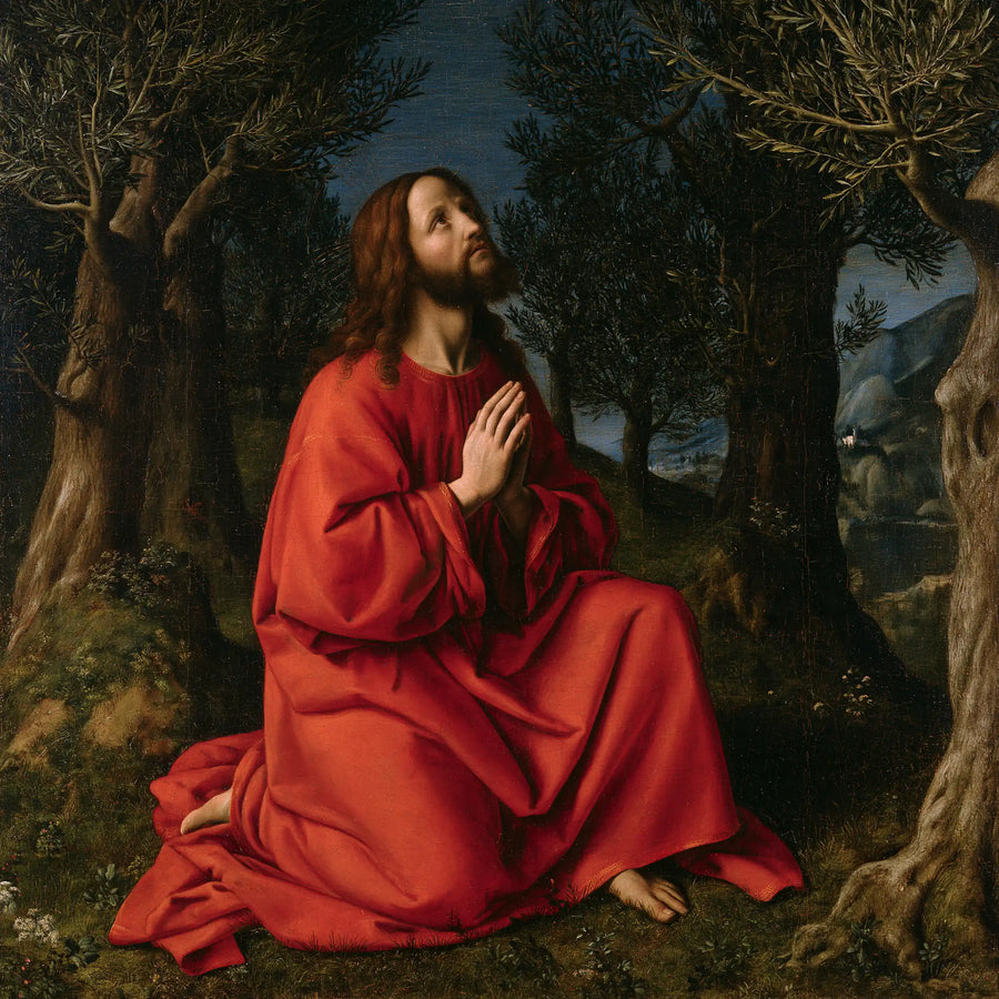 Jésus à Gethsémani — La Prière vêtue de rouge profond